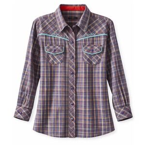 Cowgirl Up Womens Violet blue  Plaid Western Jewel Snap Shirt Turquoise Trim Lg